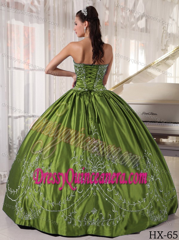 Luxurious Olive Green Strapless Taffeta Quinceanera Dress with Embroidery on Sale