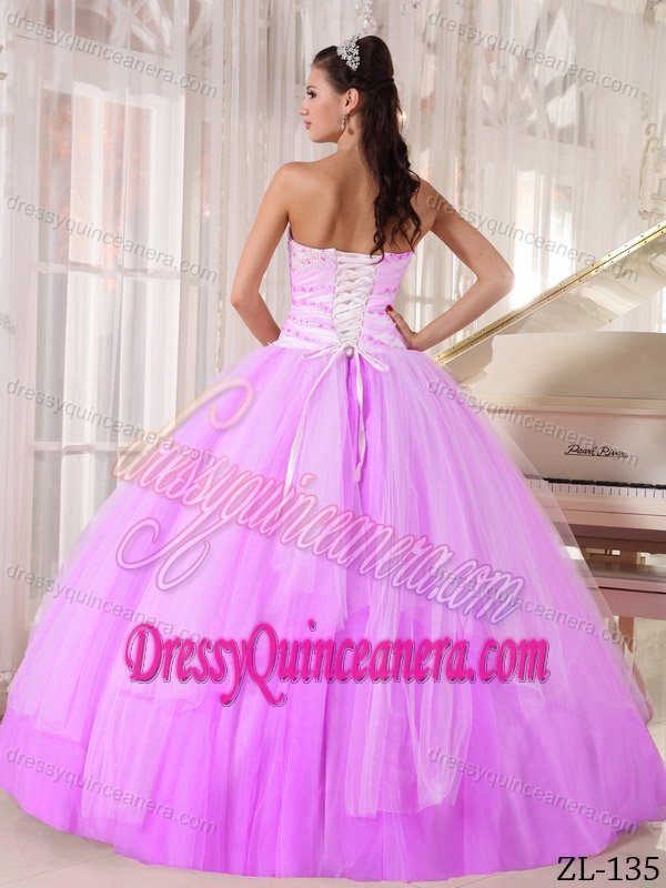 Affordable Strapless Lavender Ruched Ball Gown Sweet Sixteen Dress with Appliques