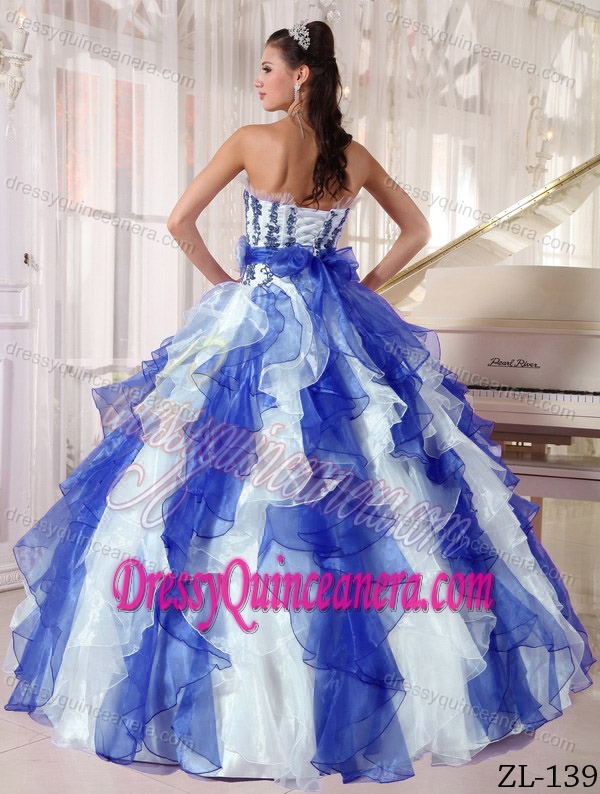 Flounced Strapless White and Blue Organza Ruffled Quinceanera Dress with Flowers