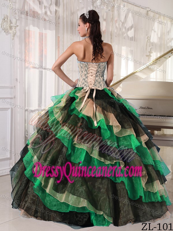 Multi-colored Strapless Organza Quinceanera Gown Dress with Ruffles and Appliques