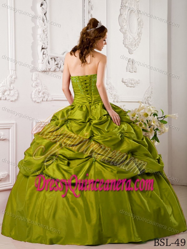 Latest Olive Green Sweetheart Taffeta Quinceanera Dress with Pick-ups and Beading