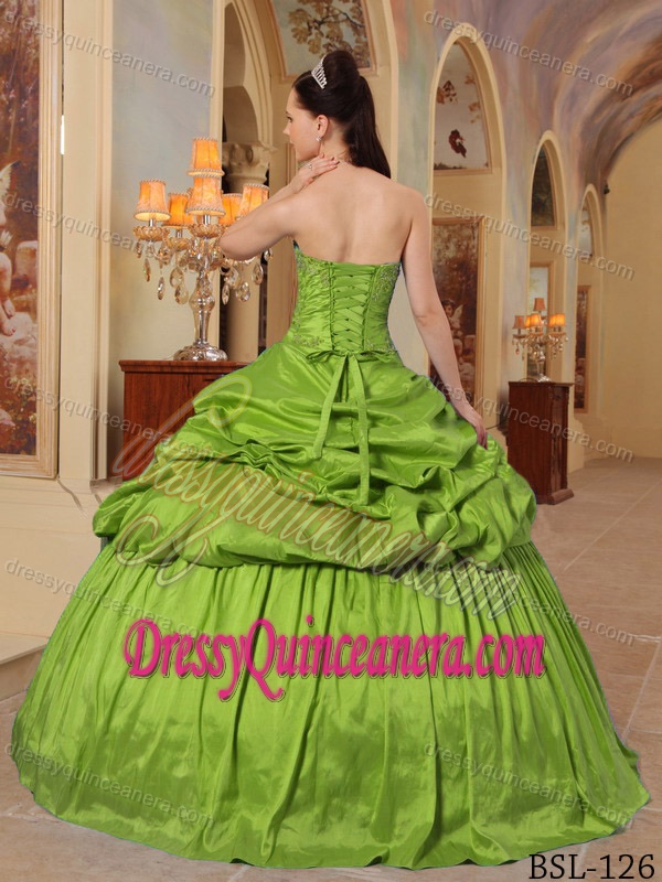 Cheap Olive Green Sweetheart Taffeta Quinceanera Dress with Pick-ups and Beading