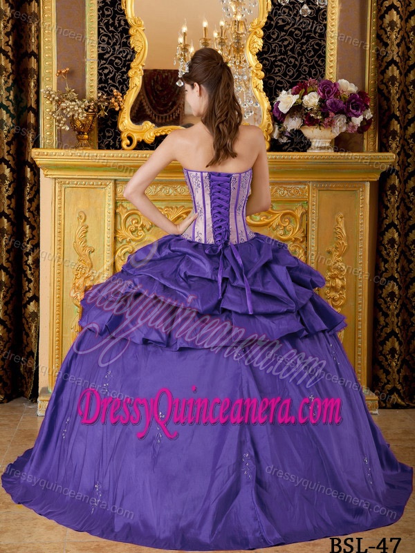 Strapless Eggplant Purple Ball Gown Quinceanera Dress with Pick-ups and Appliques
