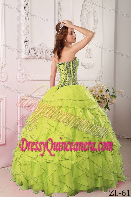Yellow Green Sweetheart Ball Gown Organza Ruffled Quinceanera Dress with Beading
