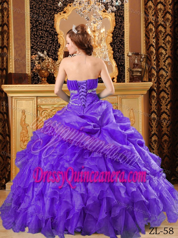 New Ruched Strapless Purple Organza Quinceanera Dress with Ruffles and Appliques