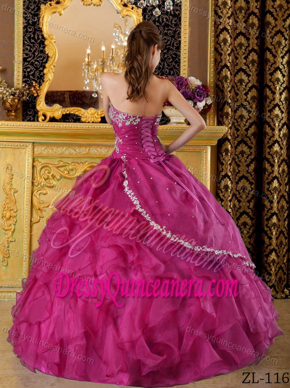 Fuchsia Ball Gown Beaded Quinceanera Gown Dresses with Appliques and Ruffles
