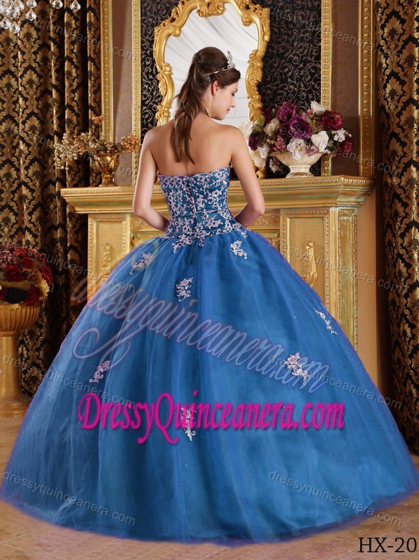 Clearance Sweetheart Floor-length Dress for Quince in Teal with White Appliques