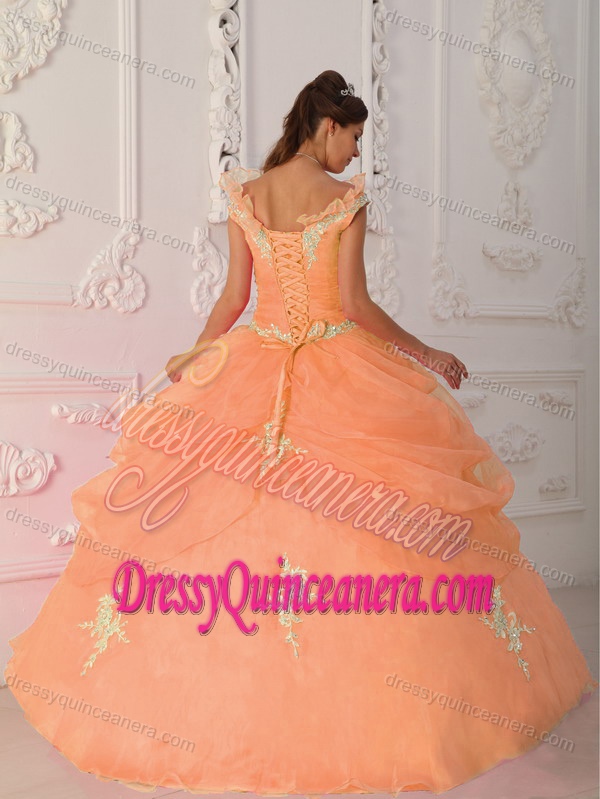 V-neck Cap Sleeves Quinceanera Gowns with Ruffles and Appliques in Orange