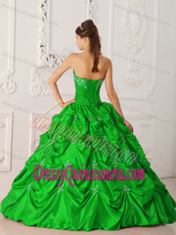 Taffeta Ruched Sweet 16 Dresses with Appliques and Pick-ups in Spring Green