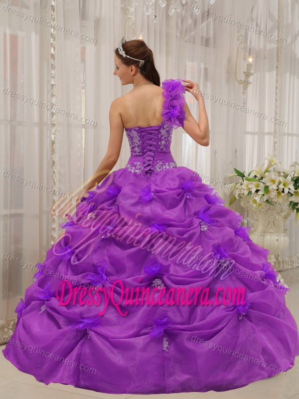 Beautiful One Shoulder Fuchsia Quinceanera Gowns with Appliques and Pick-ups