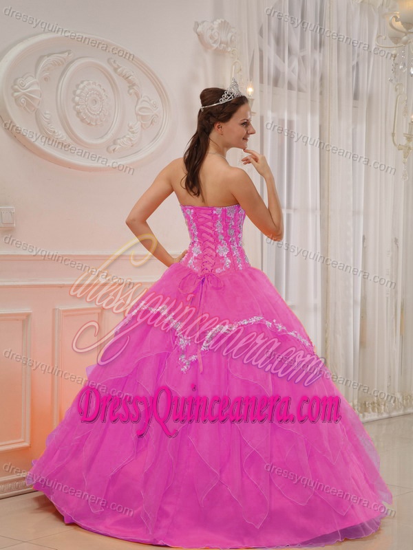 Appliqued and Ruffled Hot Pink Sweet Sixteen Dress with Heart Shaped Neckline