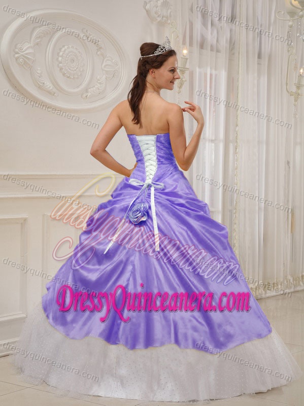 Beaded and Ruched Dress for Quince with Handmade Flower in Lilac and White