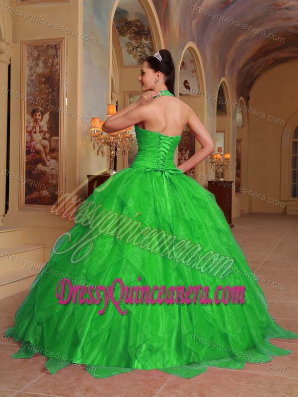 Pretty Spring Green Halter-top Sweet Sixteen Dresses with Beads and Embroidery