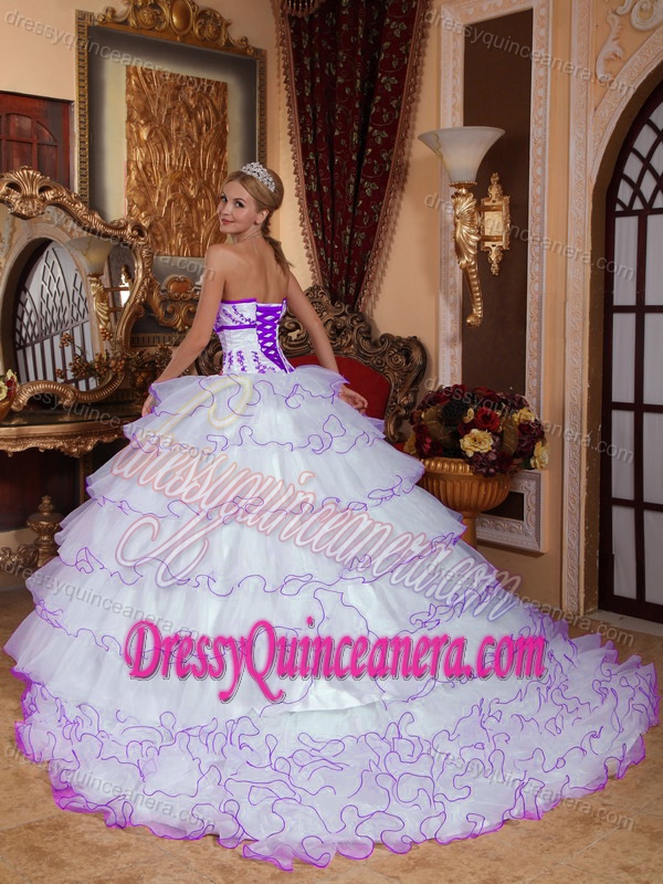 2013 Appliqued Organza Sweet 16 Quince Dress with Layers in White and Purple