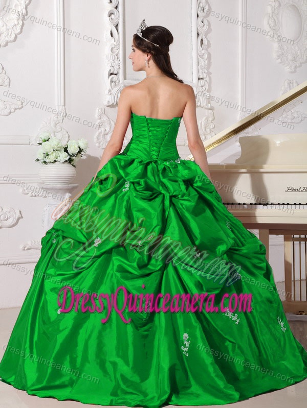Spring Green Sweetheart Dresses for Quinceanera with Appliques and Pick-ups