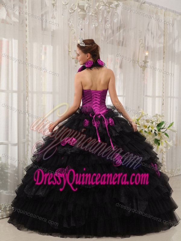 Halter Top Ruffled Sweet 15 Dress with Hand Made Flowers in Fuchsia and Black