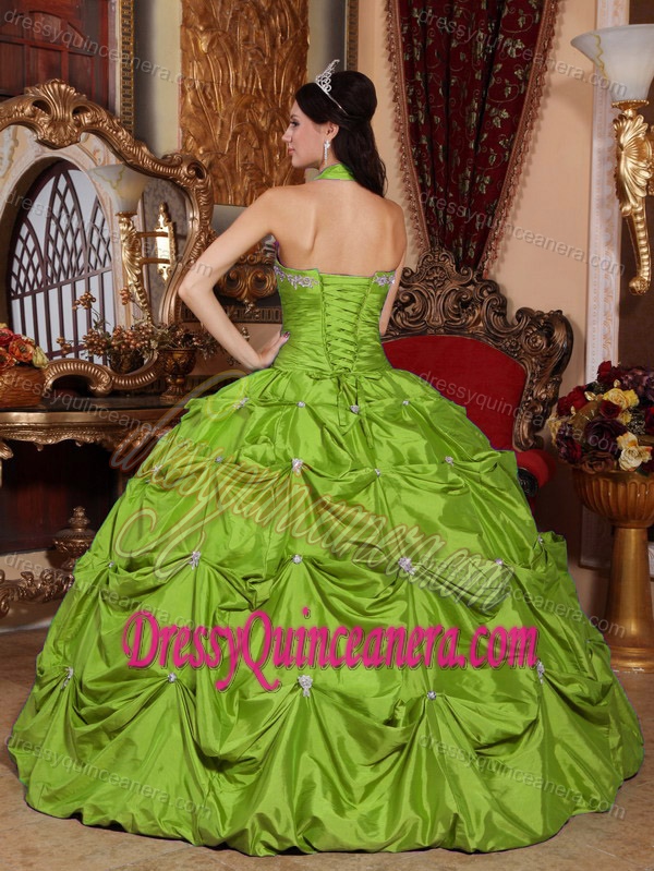 Halter Top Appliqued Sweet Sixteen Quinceanera Dresses with Pick-ups in Green
