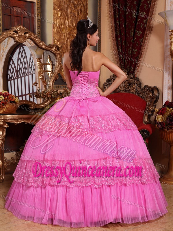 Inexpensive Strapless Pink Dress for Quinceanera with Layers in Organza and Lace