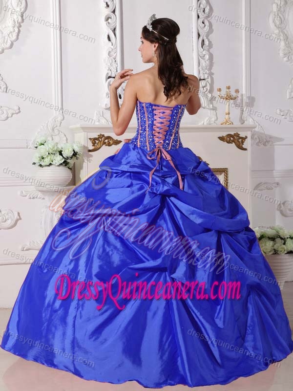 Royal Blue Beaded Taffeta Quince Gown with Pick-ups and Hand Made Flowers