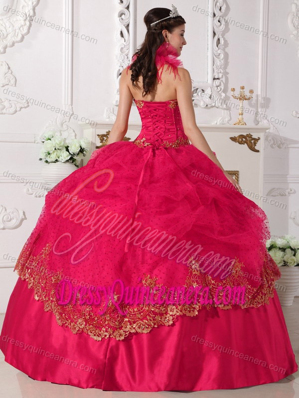 Cheap Cool Neckline Sweet Sixteen Quince Dresses with Appliques in Coral Red