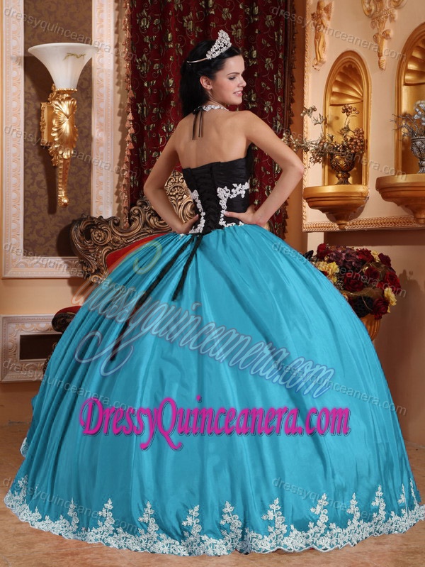 Aqua Blue and Black Halter-top Quinceanera Gowns with Appliques and Ruffles