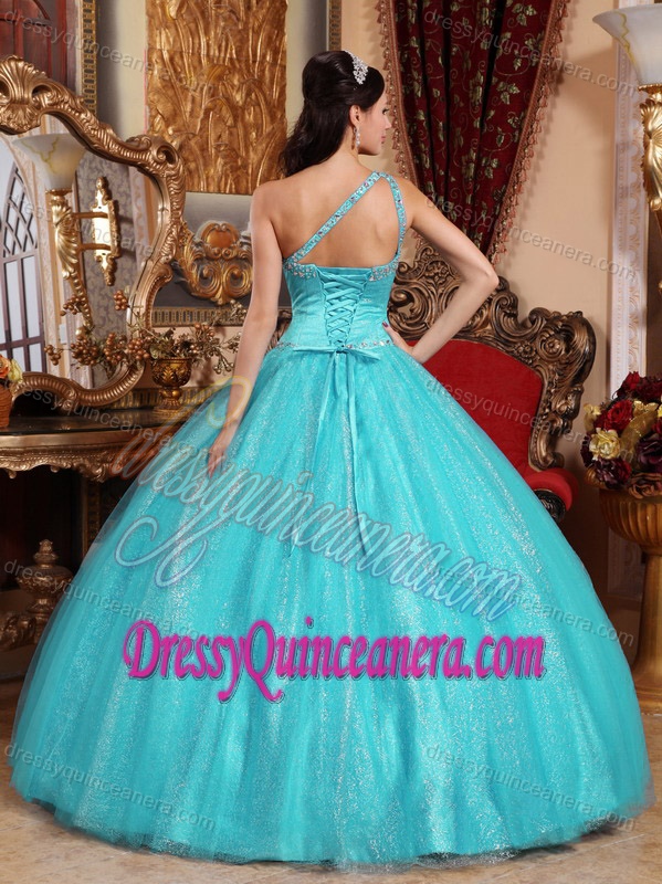 Discount One Shoulder Floor-length Dress for Quince with Beadings in Aqua Blue