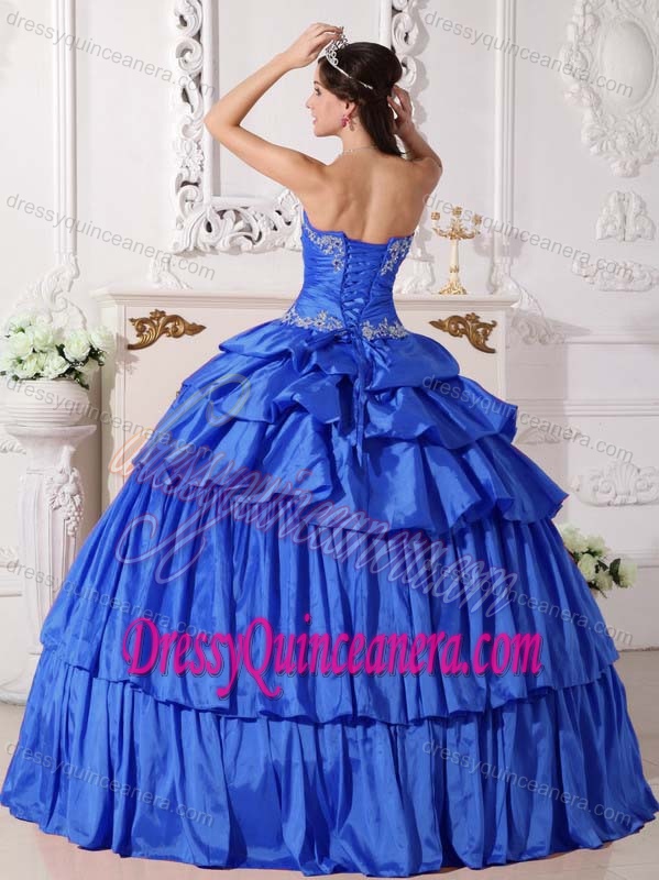 Appliqued and Ruched Blue Sweet 16 Dresses with Layers and Pick-ups in Taffeta