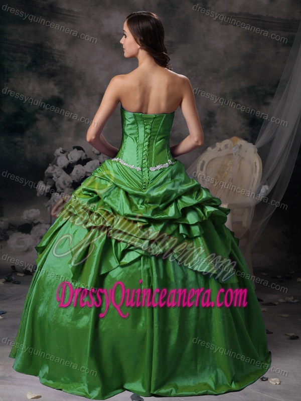 Strapless Taffeta Sweet 16 Dresses with Pick-ups and White Appliques in Green
