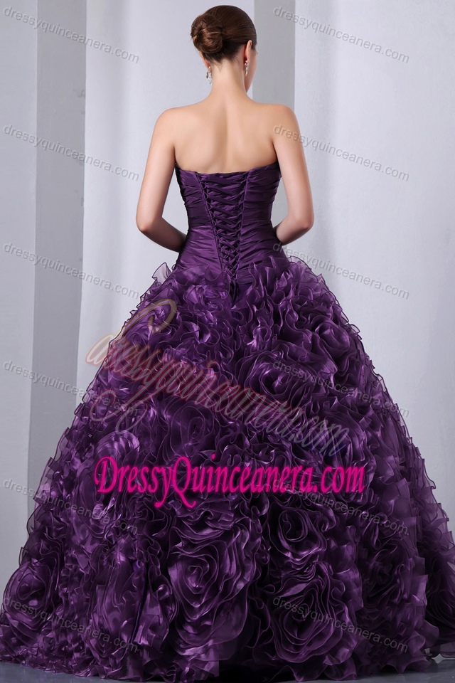 Glitz Eggplant Purple A-line Quinceanera Gown with Beads and Rolling Flowers