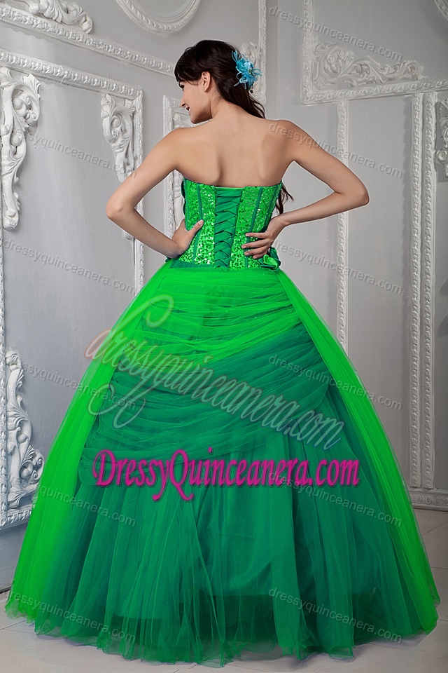 Green Ruching Sweet 16 Quince Dresses with Handmade Flowers and Sequins
