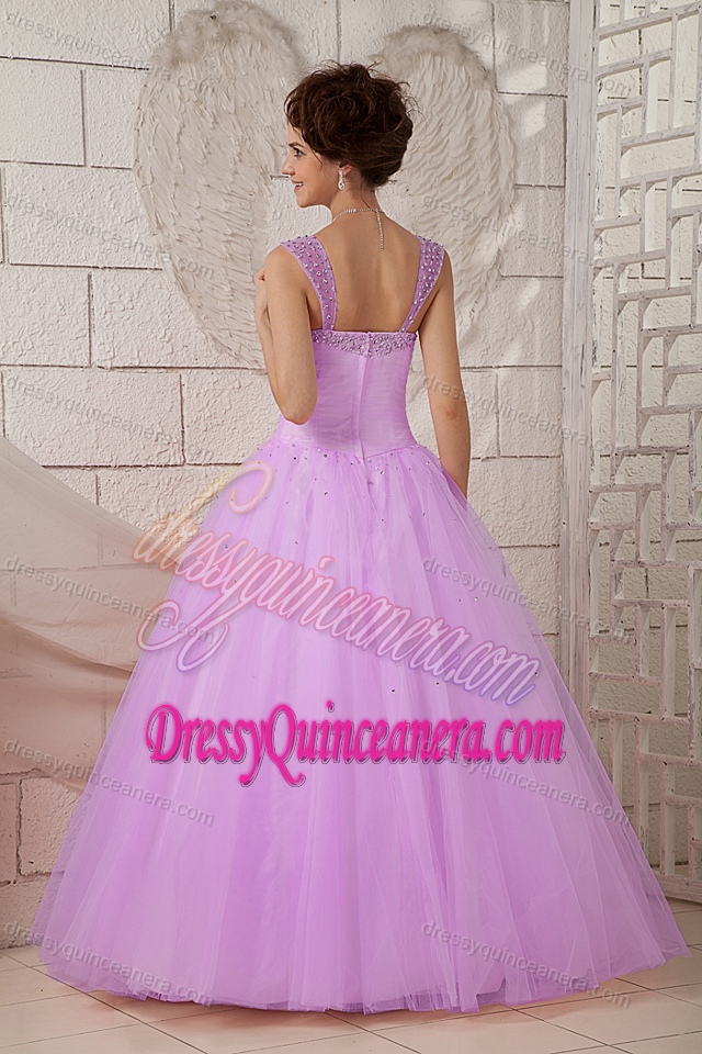Inexpensive Lavender Straps Sweet 16 Dress with Ruches and Beadings in Tulle