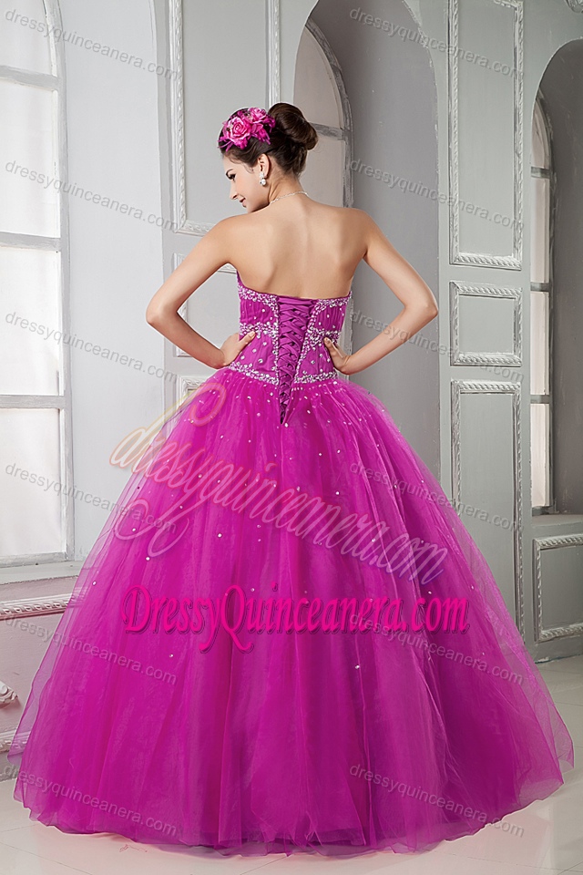 Fuchsia Floor-length Beading Quinceanera Gowns with Heart Shaped Neckline