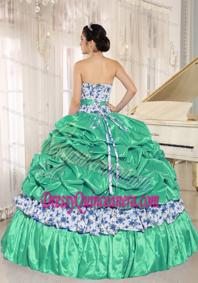 Green Taffeta and Printing Quinceanera Dresses with Beading and Pick-ups