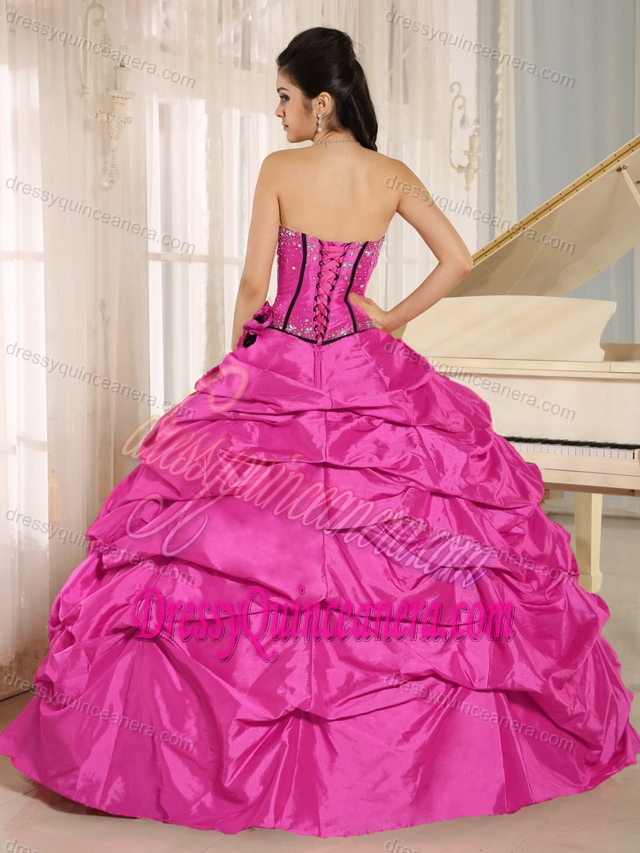 Hot Pink Beaded Quinceanera Dress with Pick-ups and Hand Made Flowers