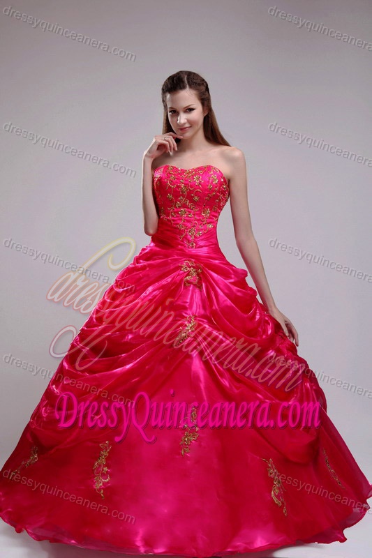 Wholesale Price Red Strapless Organza Quinceanera Gowns with Applqiues