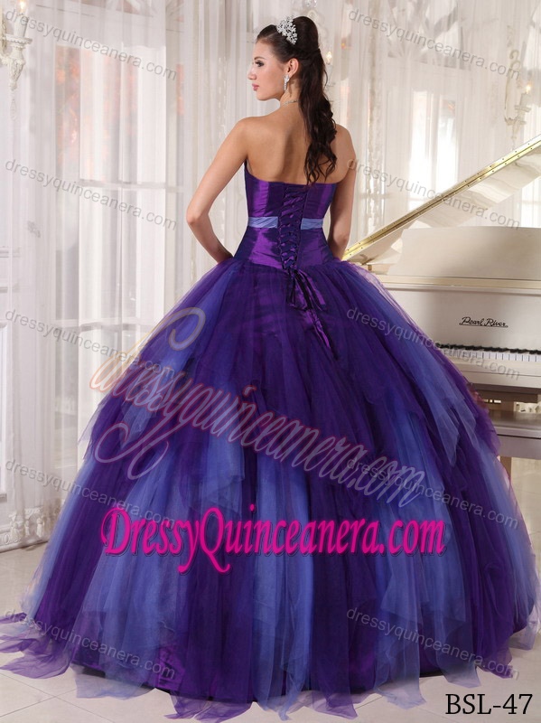 Simple Purple Strapless Tulle Quinceanera Dress with Ruffles and Beading