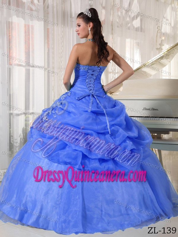 Appliqued Blue Strapless Organza Quinceanera Dresses Popular in 2013