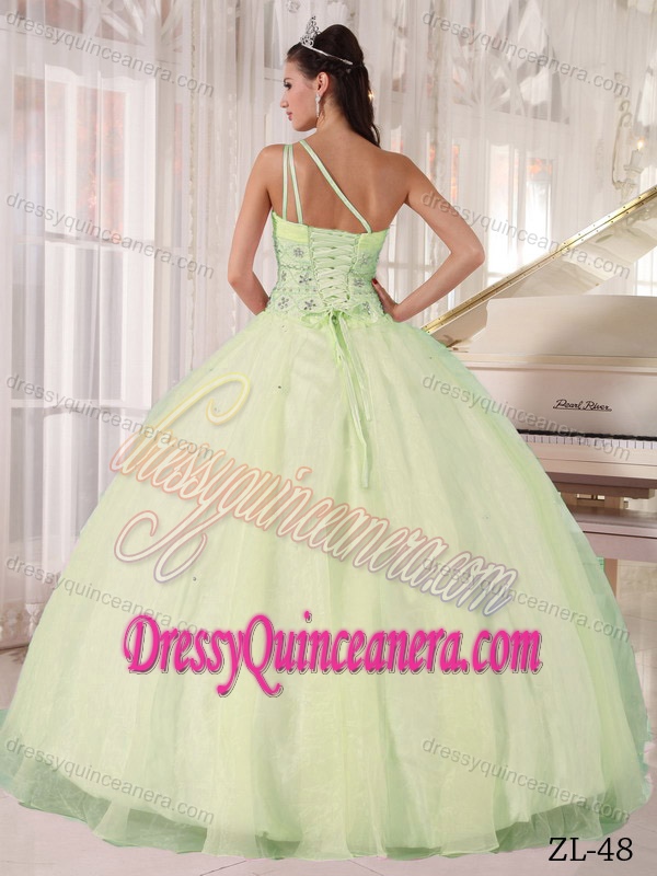 One Shoulder Yellow Green Quinceanera Dress in Tulle with Beaded Waist