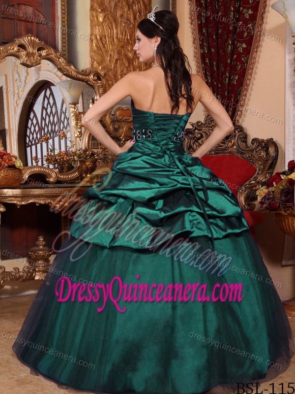 Dark Green Strapless Tulle and Taffeta Dress for Quince with Beading