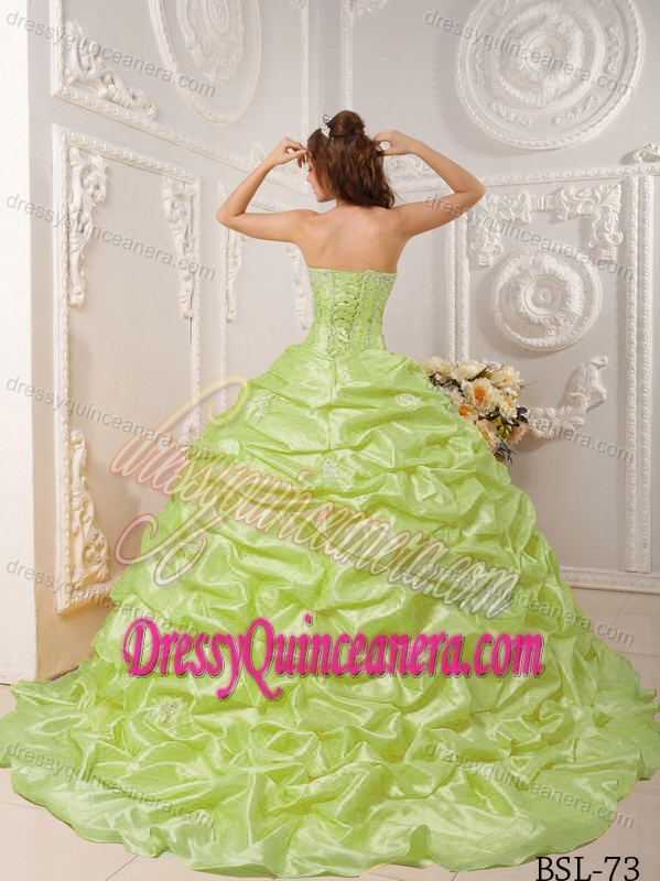 Yellow Green Strapless Taffeta Dress for Quince with Pick Ups for Less
