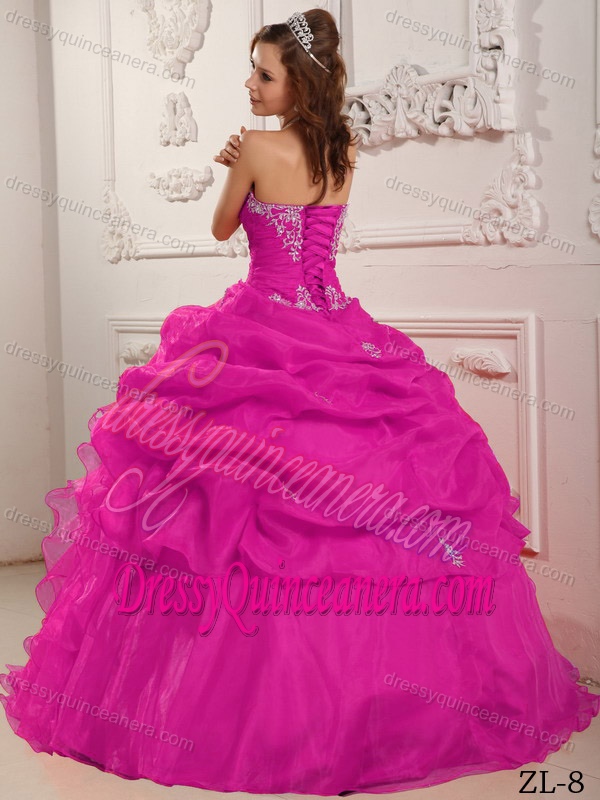 Hot Pink Strapless Organza Quinceanera Dress with Beading and Ruffles