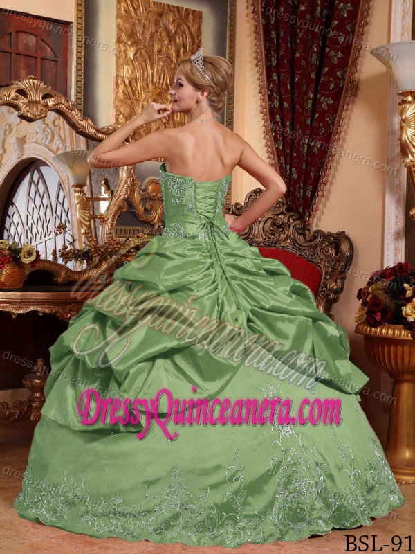 Olive Sweetheart Embroidery Quinceanera Dresses with Pick Ups on Sale