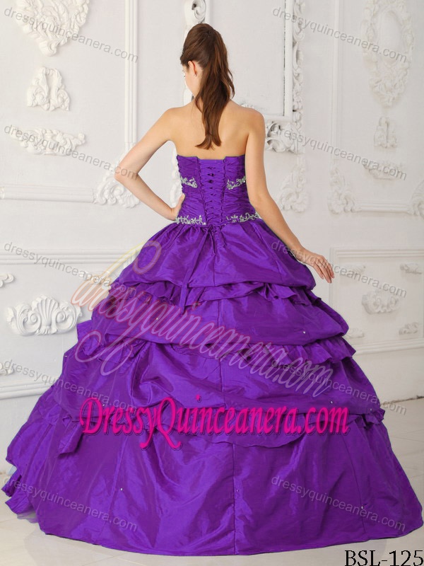 Purple Sweetheart Taffeta and Tulle Appliqued Beaded Quinceanera Dresses