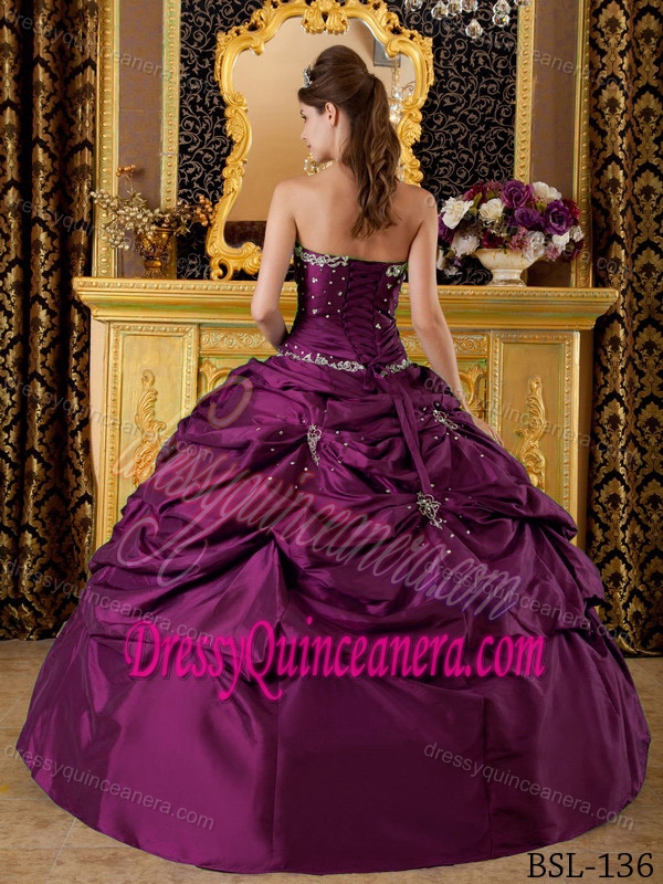 Hot Purple Strapless Taffeta Quinceanera Dress with Appliques and Pick-ups