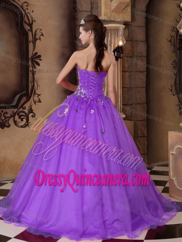 2015 Purple Sweetheart Organza Beaded Quinceanera Dress with Appliques
