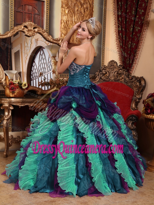 Colorful Strapless Taffeta and Organza Appliqued Beaded Quinceanera Dress