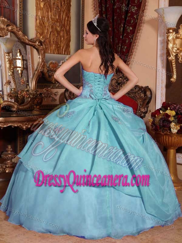 Blue Strapless Organza Beaded Sweet 16 Quinceanera Dress on Promotion