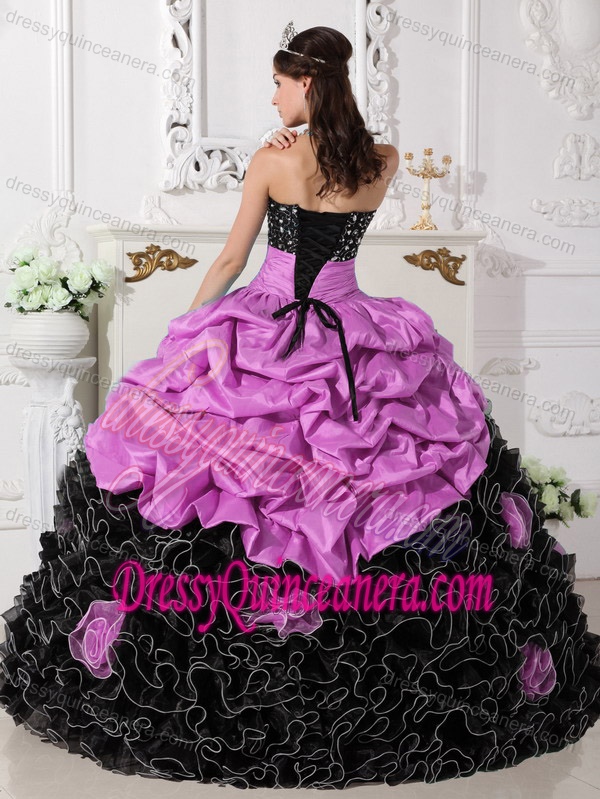 Pretty Pink and Black Organza Beaded Quinceanera Dress with Rolling Flower