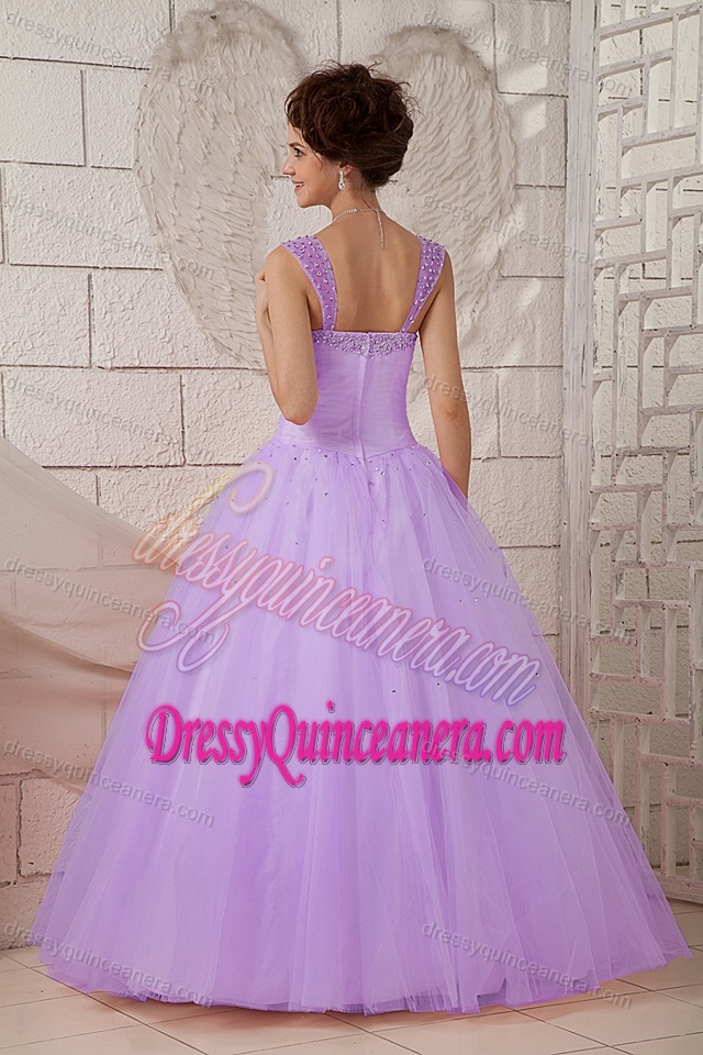 Lilac Straps Tulle Beaded and Ruched Quinceanea Dresses for Custom Made