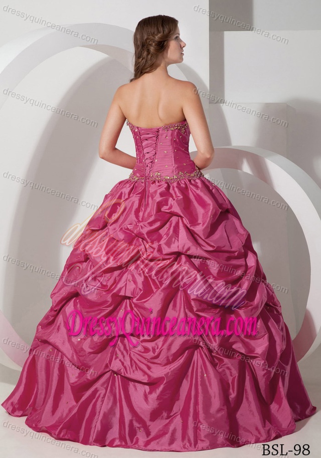 Inexpensive Hot Pink Ball Gown Strapless Sweet 16 Dress in Taffeta with Pick-ups